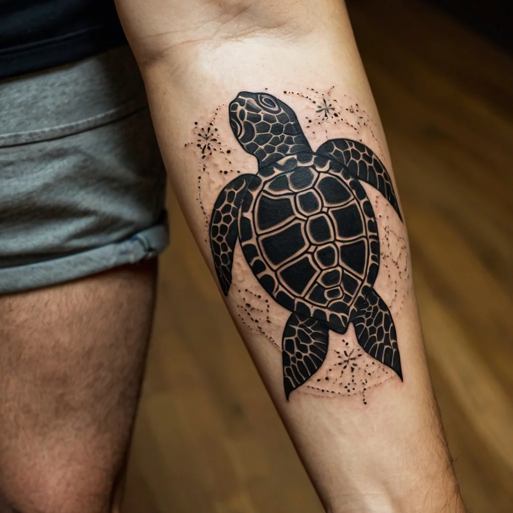 Intricate black sea turtle tattoo with dotwork accents, featuring detailed shell patterns and celestial elements.