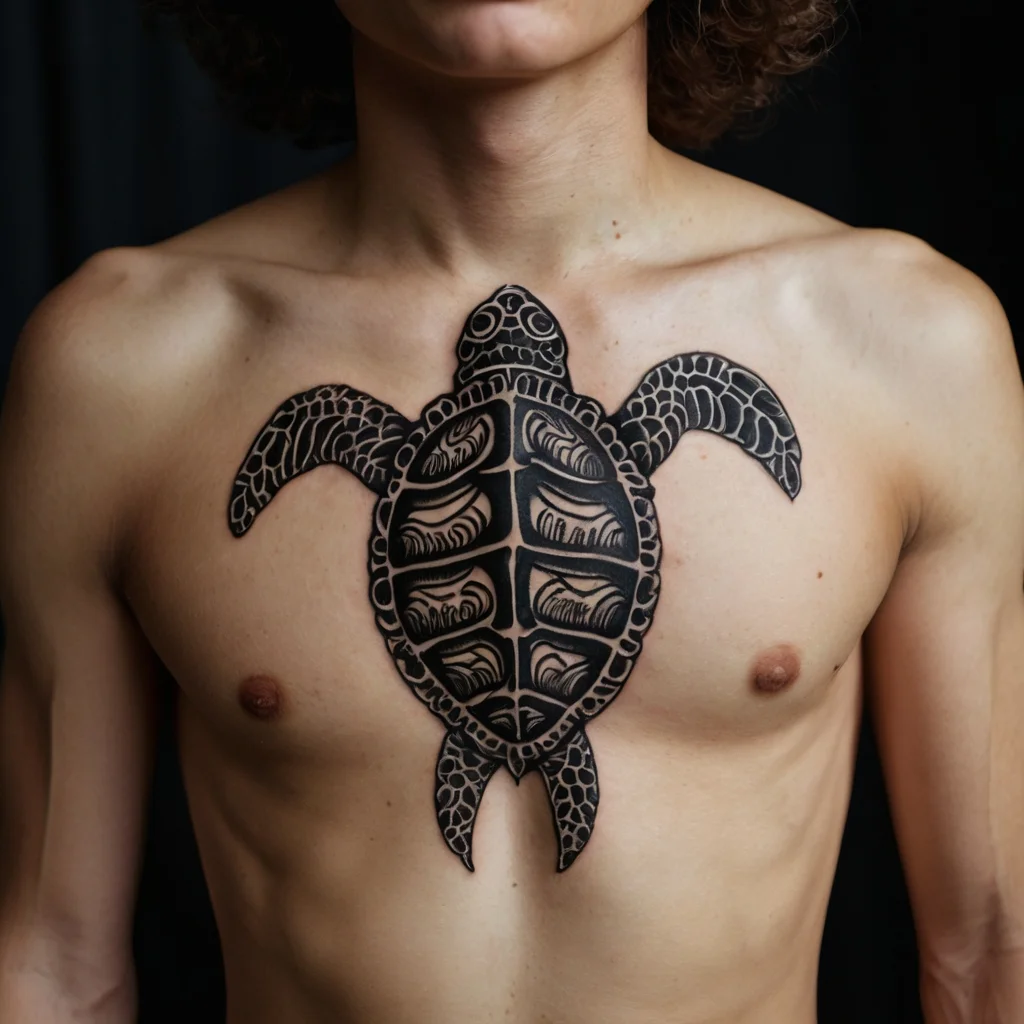 Tattoo of a stylized sea turtle on the chest with intricate tribal patterns filling the shell and flippers.