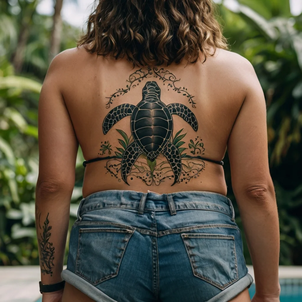 Back tattoo featuring a detailed sea turtle with ornate swirls and foliage accents, emphasizing nature and serenity.