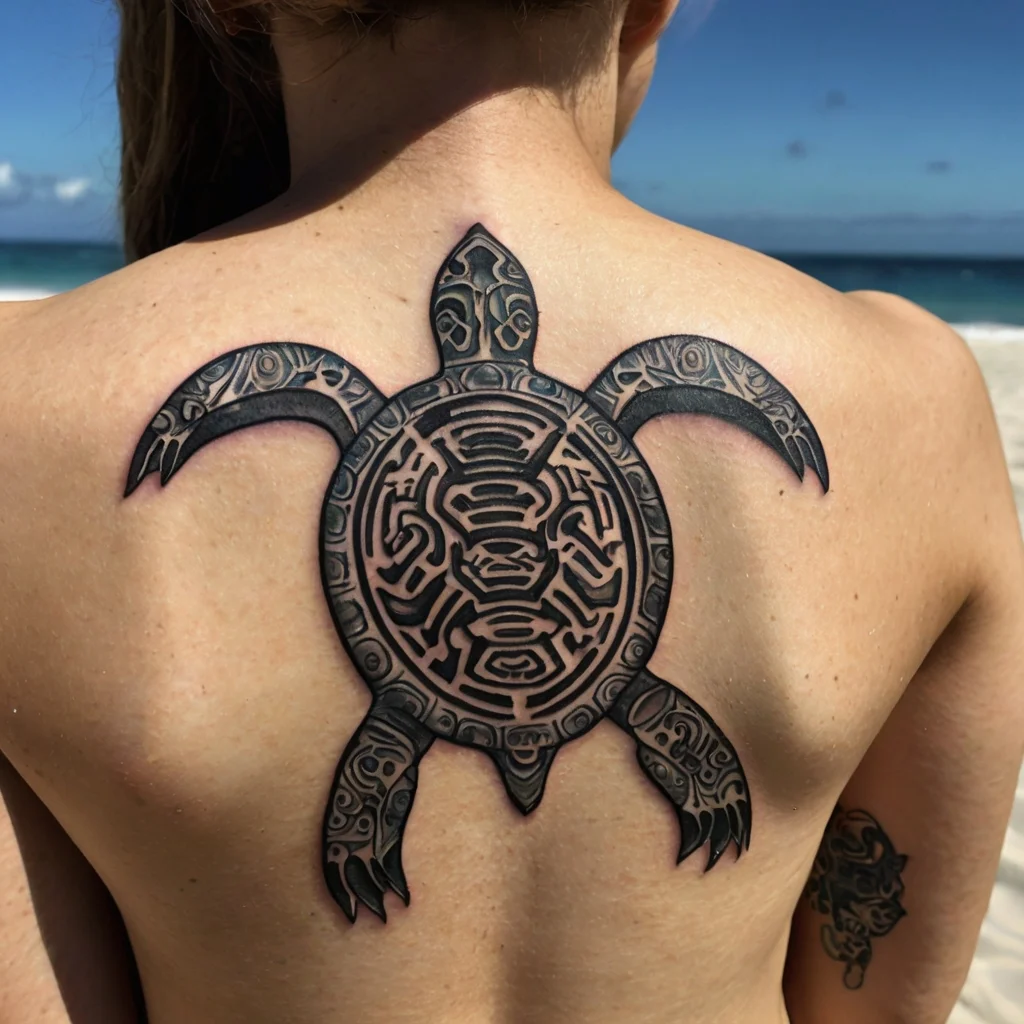 A tribal sea turtle tattoo with intricate geometric patterns on the shell and limbs, symbolizing wisdom and protection.