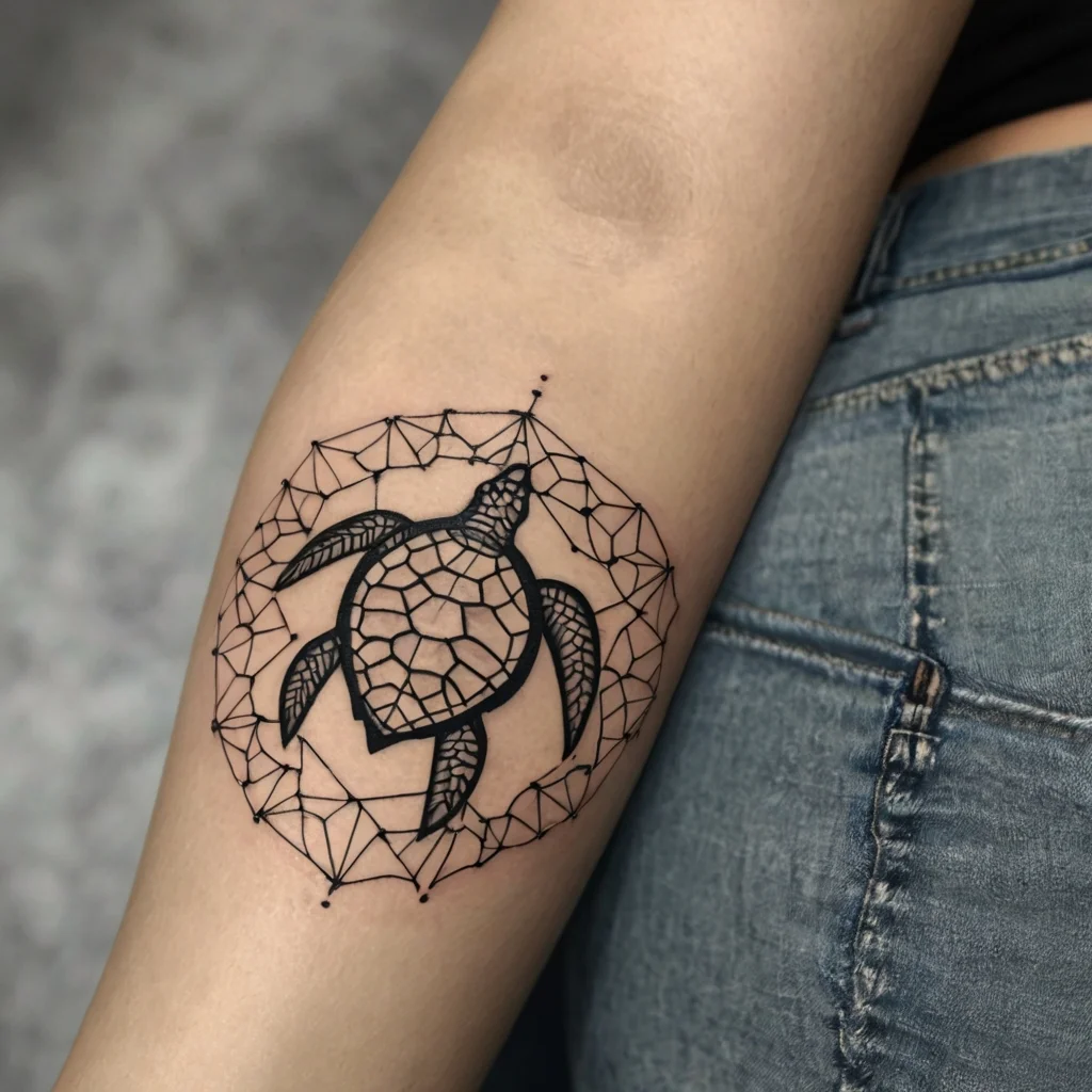 Geometric sea turtle tattoo with intricate polygonal pattern, set within a circular mandala on the arm.