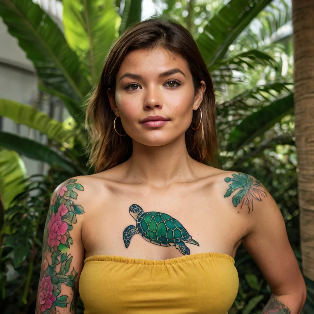 Woman with vibrant green sea turtle tattoo on chest, surrounded by floral tattoos on shoulders and arms.