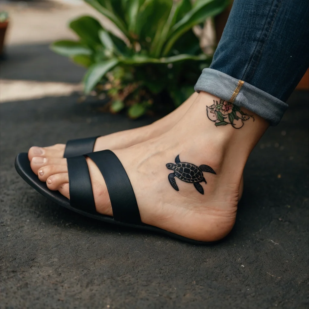 Turtle tattoo on the foot with detailed shell lines, symbolizing wisdom and longevity. Floral design around the ankle.