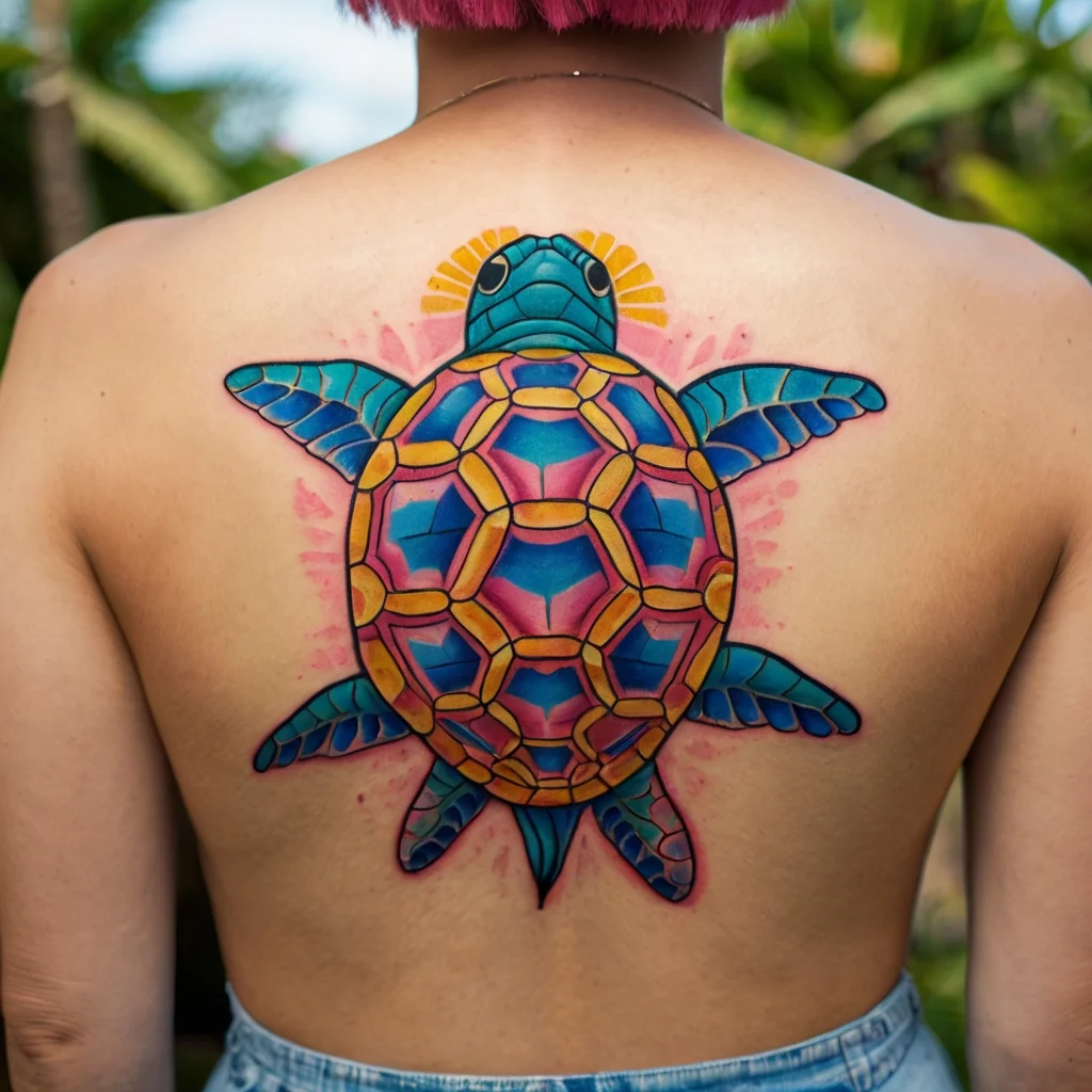 Colorful geometric turtle tattoo with a sunburst head, featuring blues, pinks, and yellows, symbolizing growth and journey.