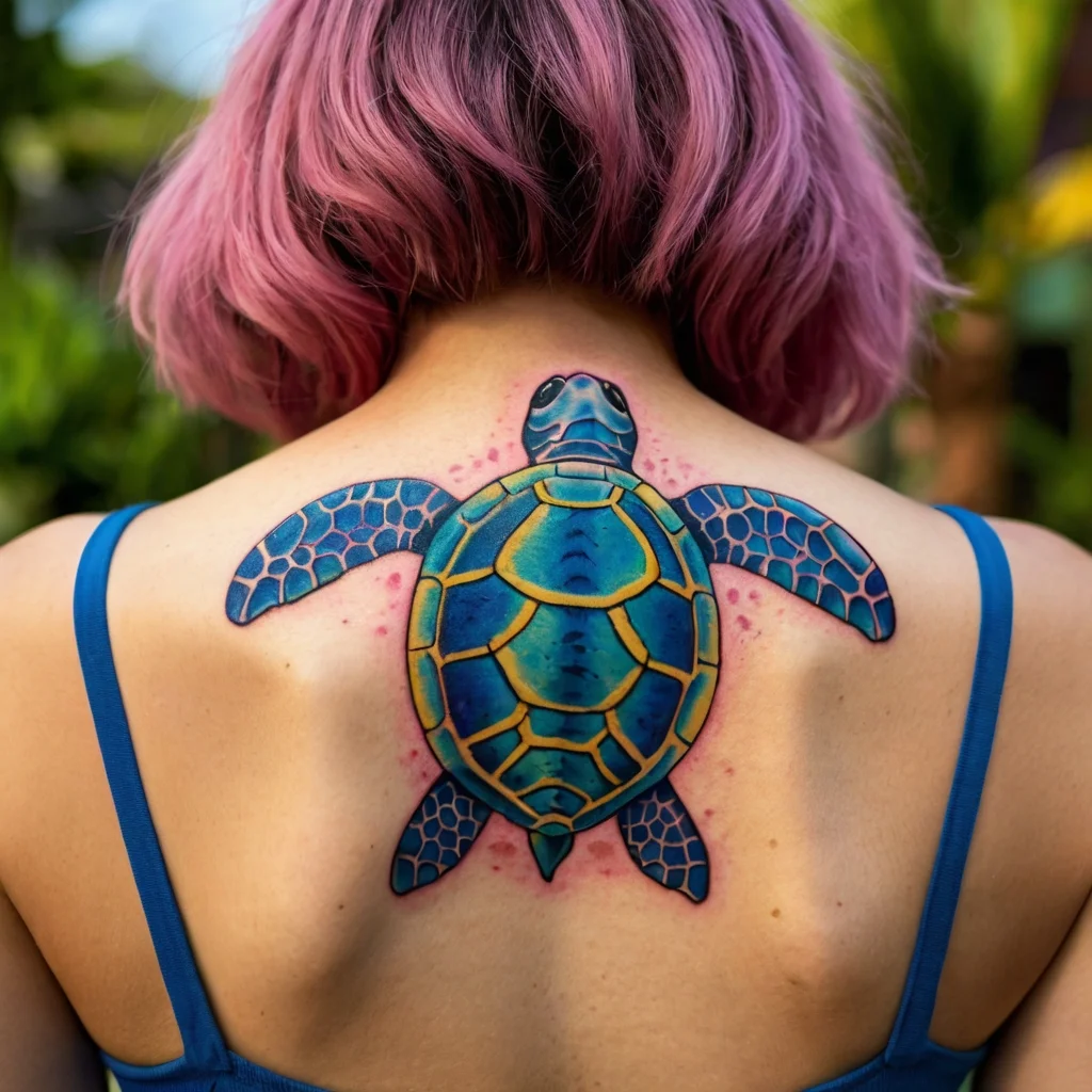 Vibrant sea turtle tattoo with intricate shell design in blue and green hues, centered on the upper back.