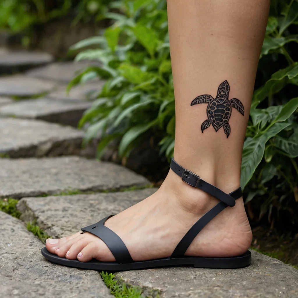 A simple black sea turtle tattoo on the ankle, featuring intricate line details on the shell and flippers.