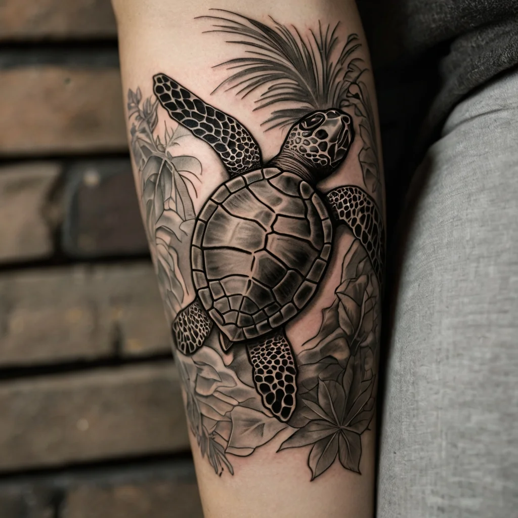 Realistic sea turtle tattoo with detailed shell and flippers, surrounded by tropical leaves. Black and grey shading.