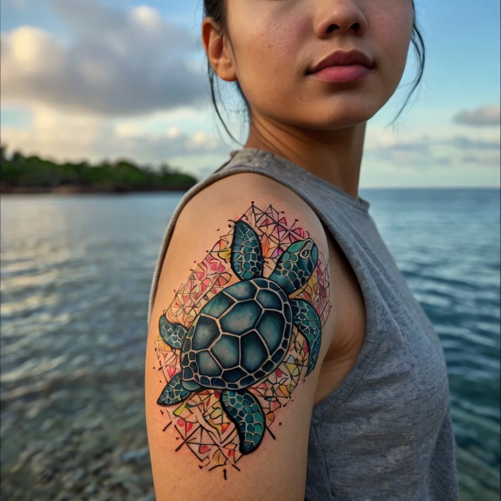 Tattoo of a vibrant sea turtle with geometric patterns and colorful shading on the upper arm, symbolizing longevity and wisdom.