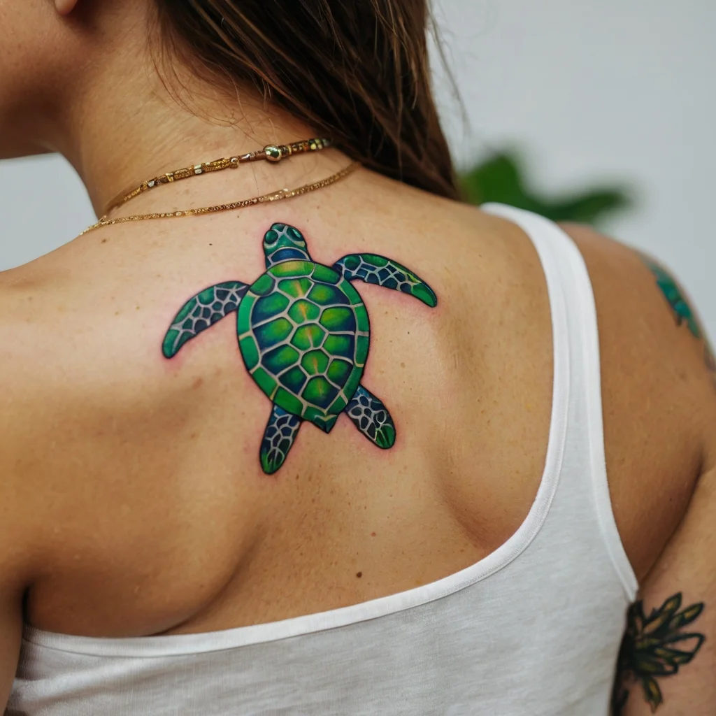 Vibrant sea turtle tattoo on shoulder, featuring green and blue hues with intricate shell patterns symbolizing longevity.