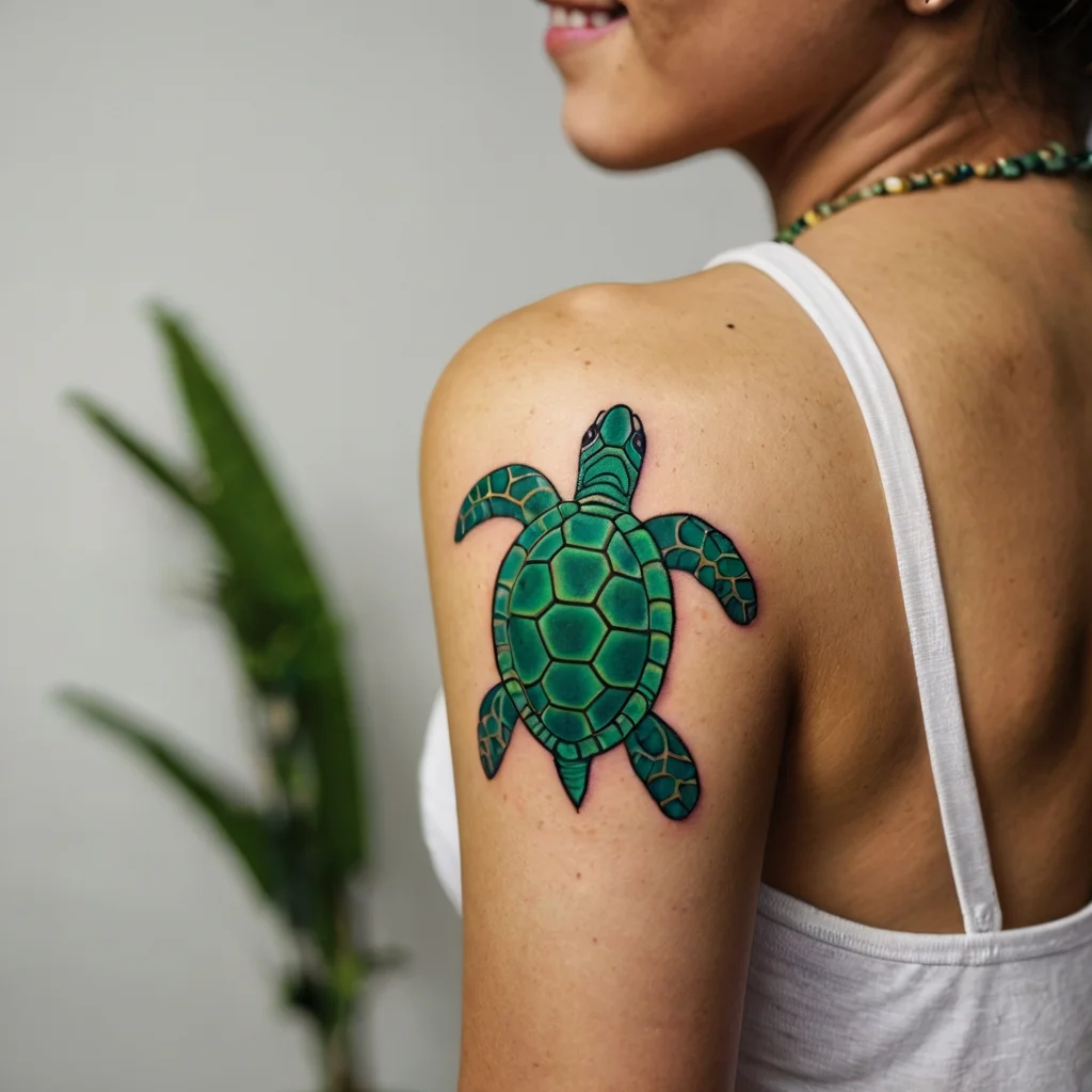 Green sea turtle tattoo on shoulder, featuring vibrant shell detailing and bold outlines, symbolizing longevity and resilience.