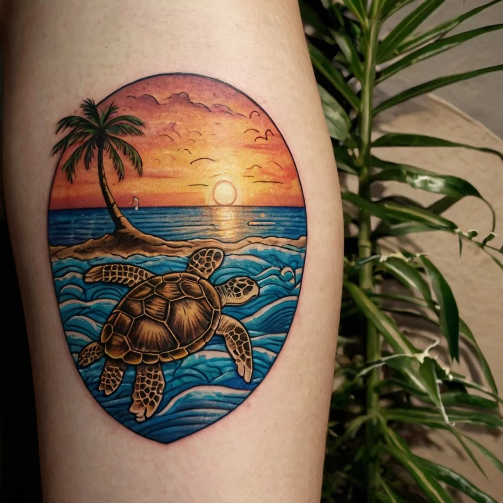 Tattoo of a sea turtle swimming toward a sunset with a palm island. Rich colors and intricate shading evoke tropical vibes.