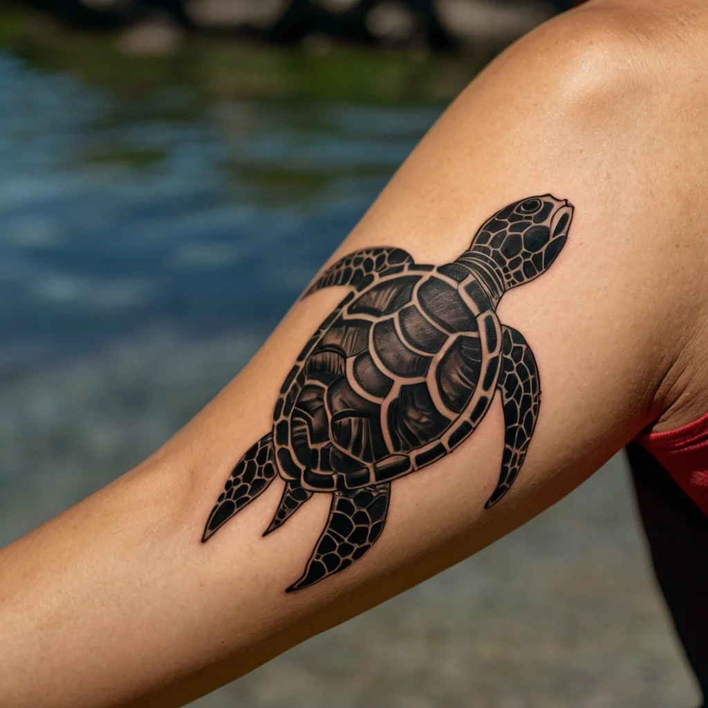 Black sea turtle tattoo on upper arm, featuring bold outlines and intricate shell detail, symbolizing longevity and wisdom.