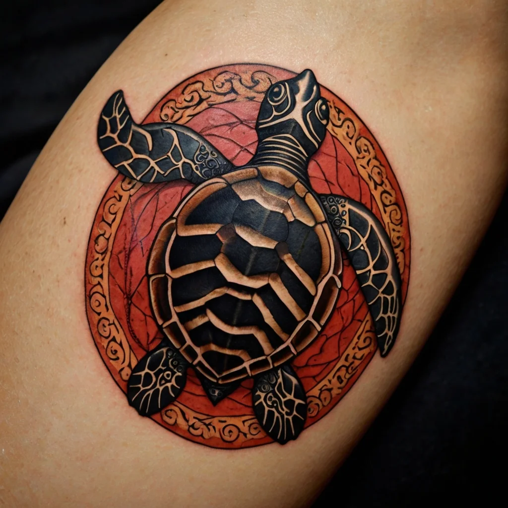 A turtle tattoo with intricate shell patterns on a red mandala background, symbolizing wisdom and longevity.