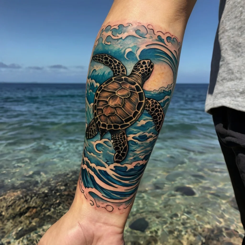 Turtle tattoo on forearm with vibrant ocean waves, depicting motion and serenity, in a realistic style.