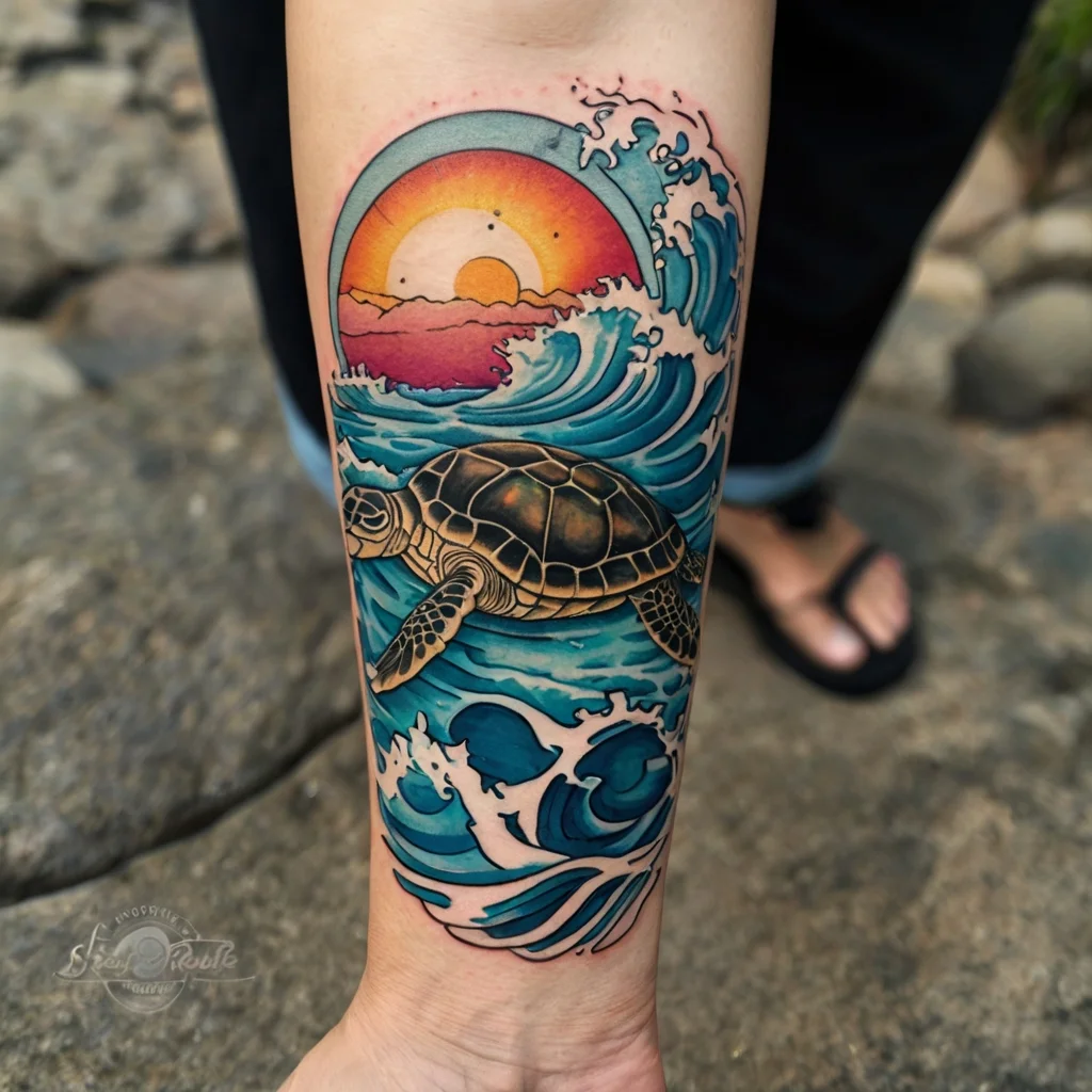 Vibrant tattoo of a sea turtle swimming through blue waves, with a colorful sunset in the background.