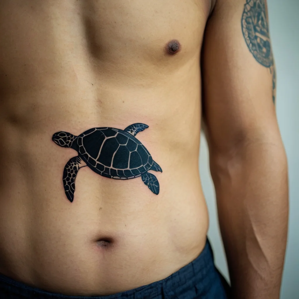 Minimalist black turtle tattoo with geometric shell detail on lower abdomen, symbolizing longevity and peace.