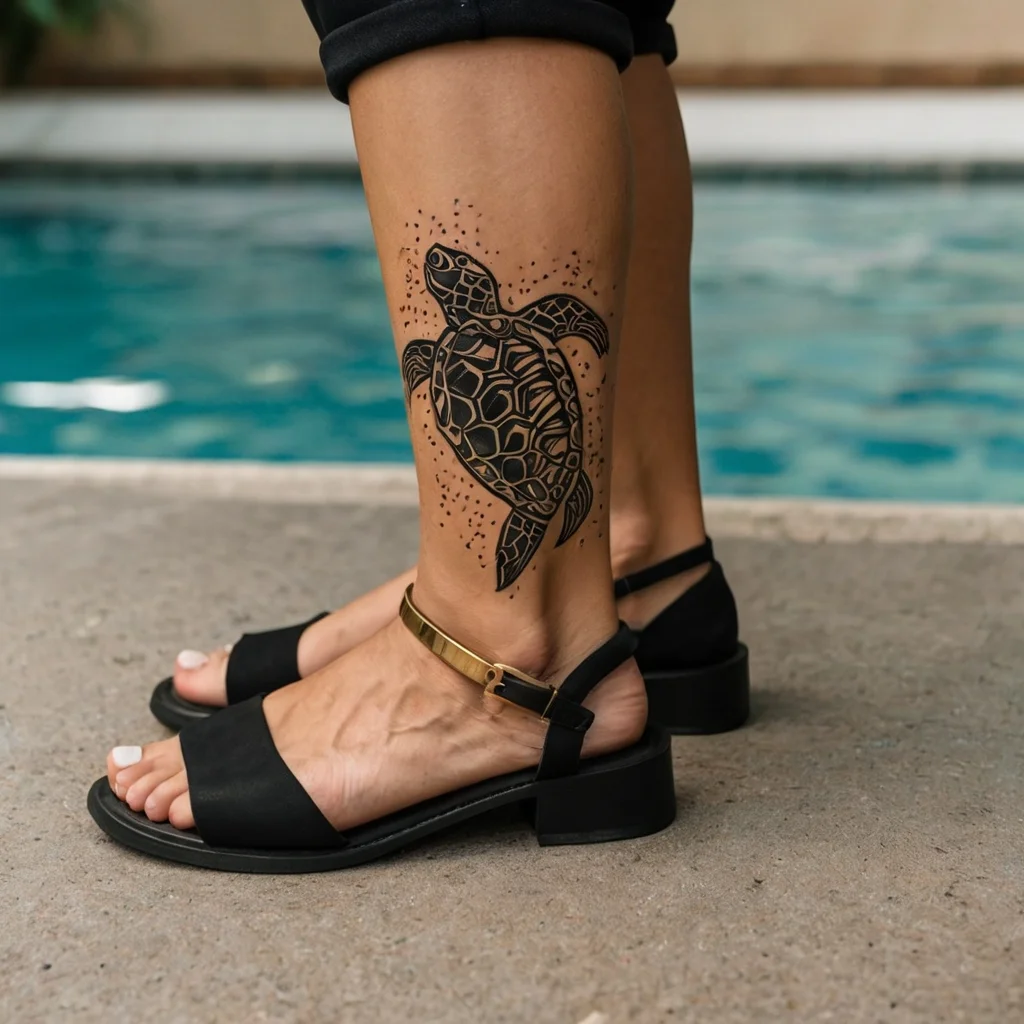 Black ink sea turtle tattoo on calf, featuring geometric shell patterns and dotted background, near poolside.