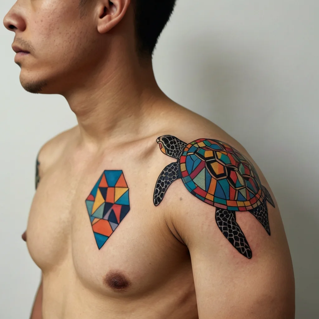 Geometric tattoo of a turtle with colorful stained glass design on the shoulder, complemented by a matching chest piece.