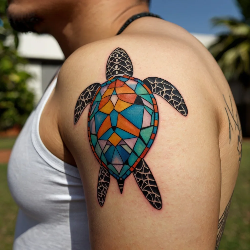 Colorful geometric sea turtle tattoo with stained glass effect on shoulder, featuring vibrant blues and oranges.