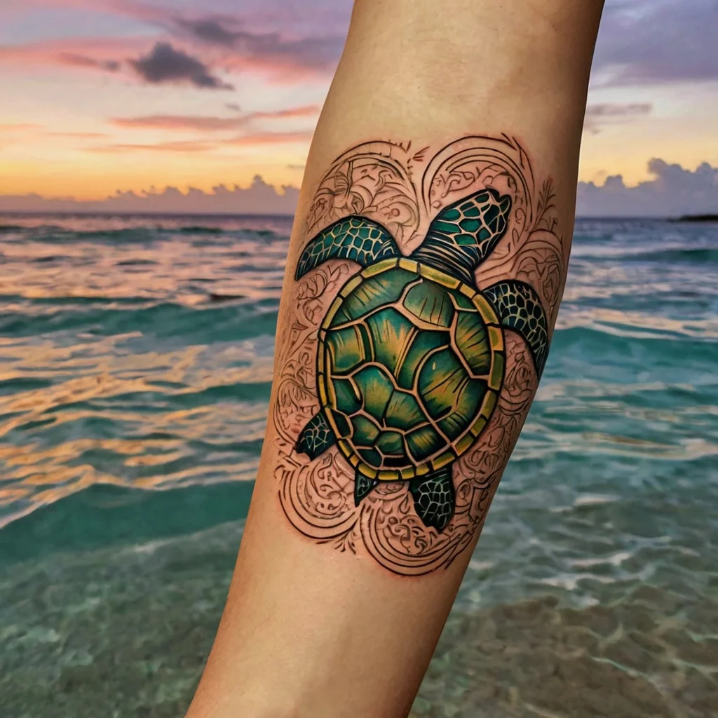 Tattoo of a vibrant green sea turtle with detailed shell shading, accented by swirling ornate patterns around it.