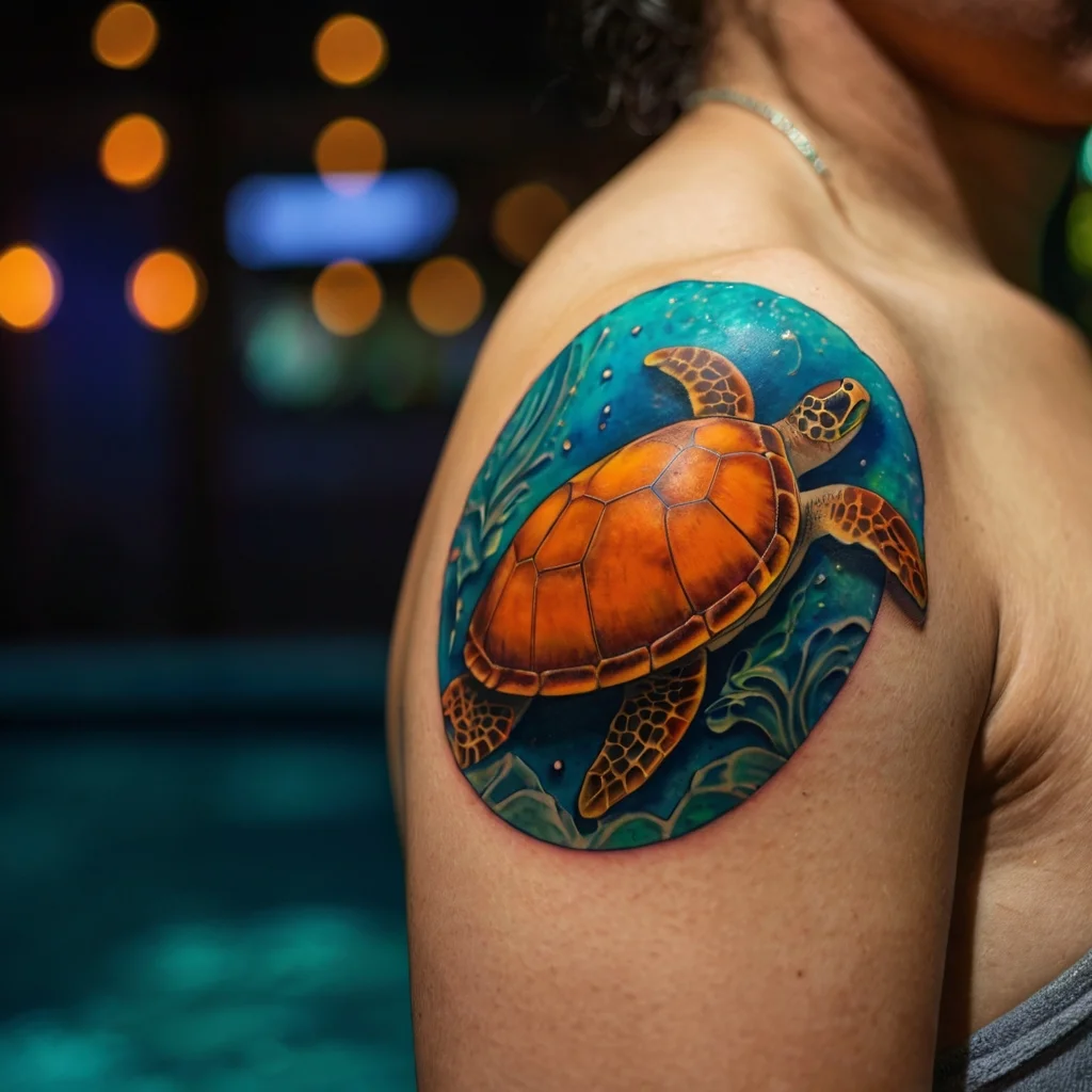 Vibrant sea turtle tattoo on shoulder, featuring earthy hues and an oceanic backdrop with detailed coral.