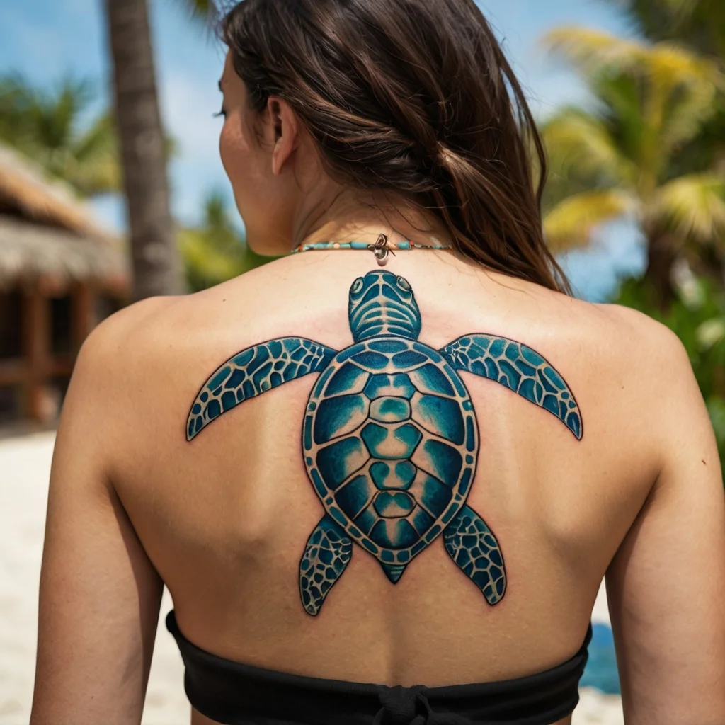 Blue sea turtle tattoo on back, detailed shell patterns, vibrant shading, symbolizing longevity and perseverance.