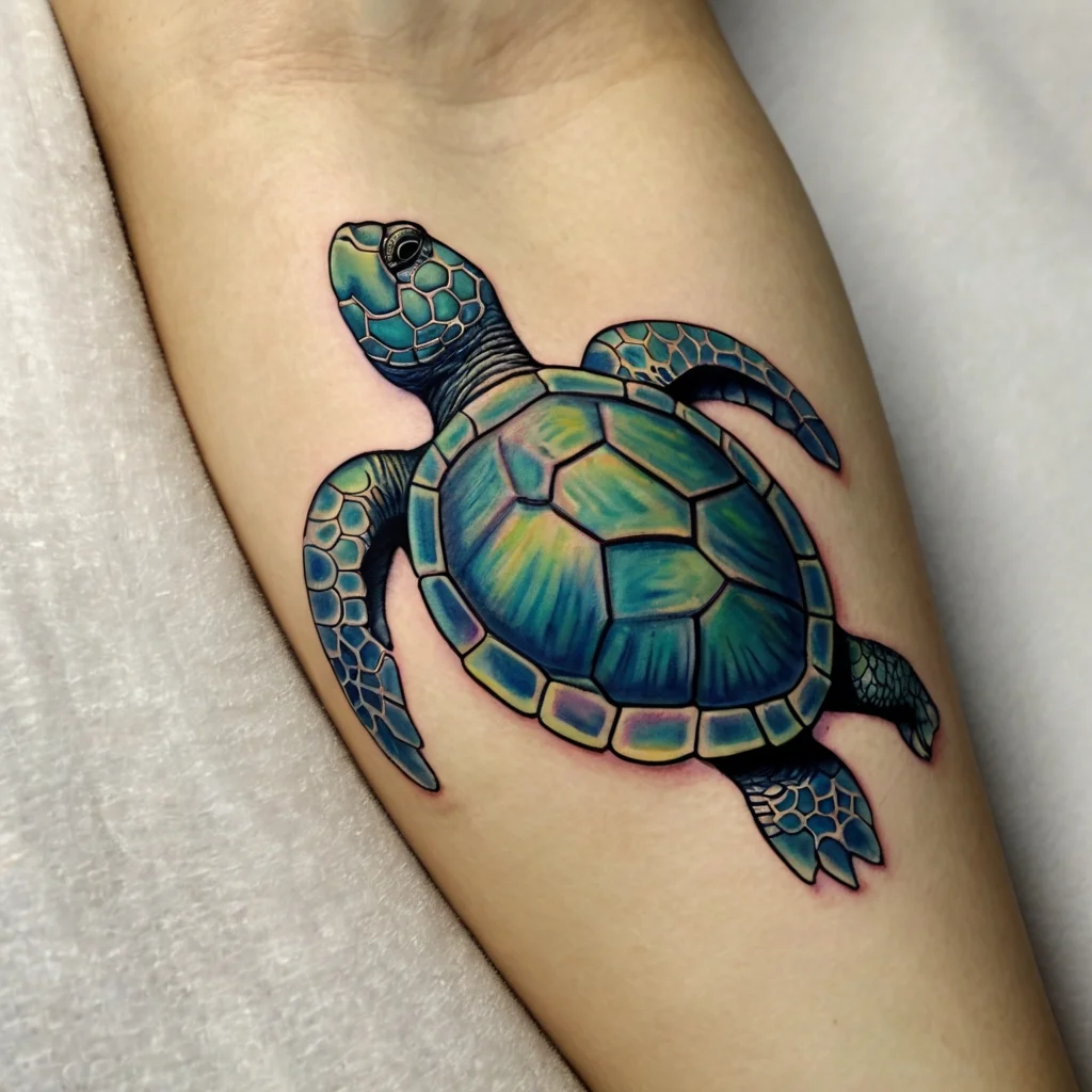 Vividly detailed sea turtle tattoo, showcasing blue and green hues, with intricate shell and limb patterns on the arm.