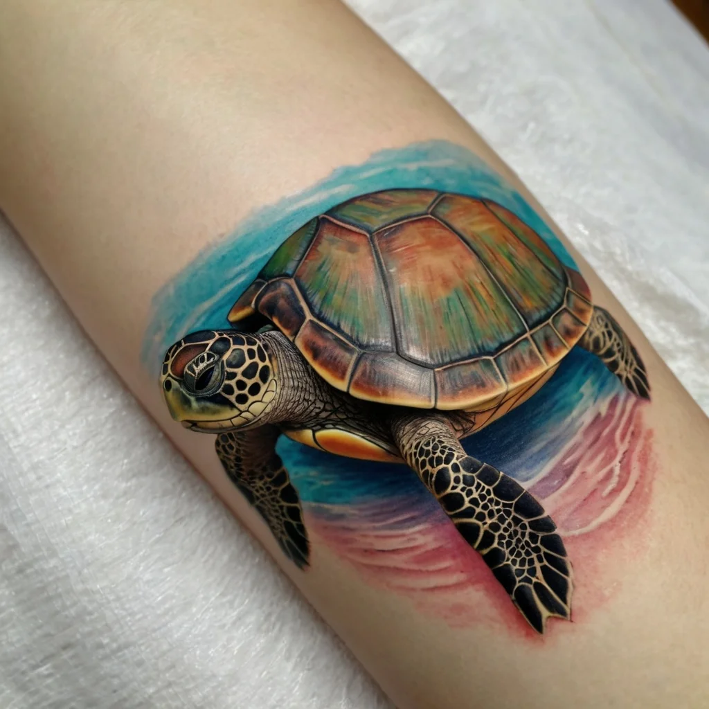 Realistic turtle tattoo in vibrant colors, swimming through blue and pink waves, highlighting intricate shell details.