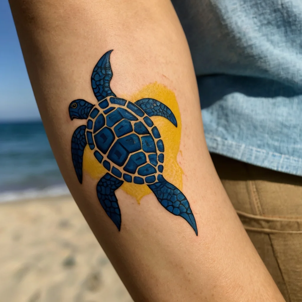 Blue sea turtle tattoo with a geometric shell design, swimming against a yellow watercolor splash background.