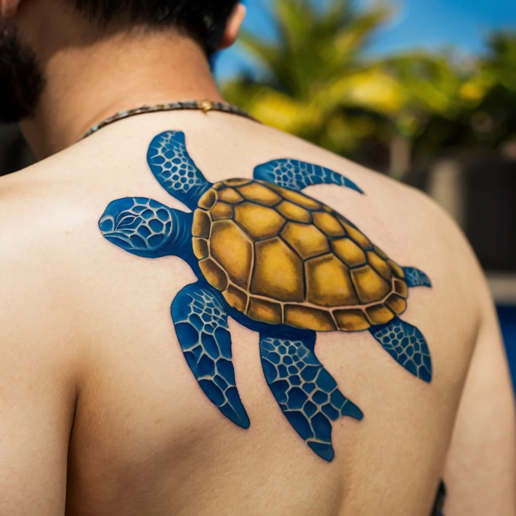 Tattoo of a vibrant sea turtle with a hexagonal shell in golden hues and detailed blue limbs, on the upper back.