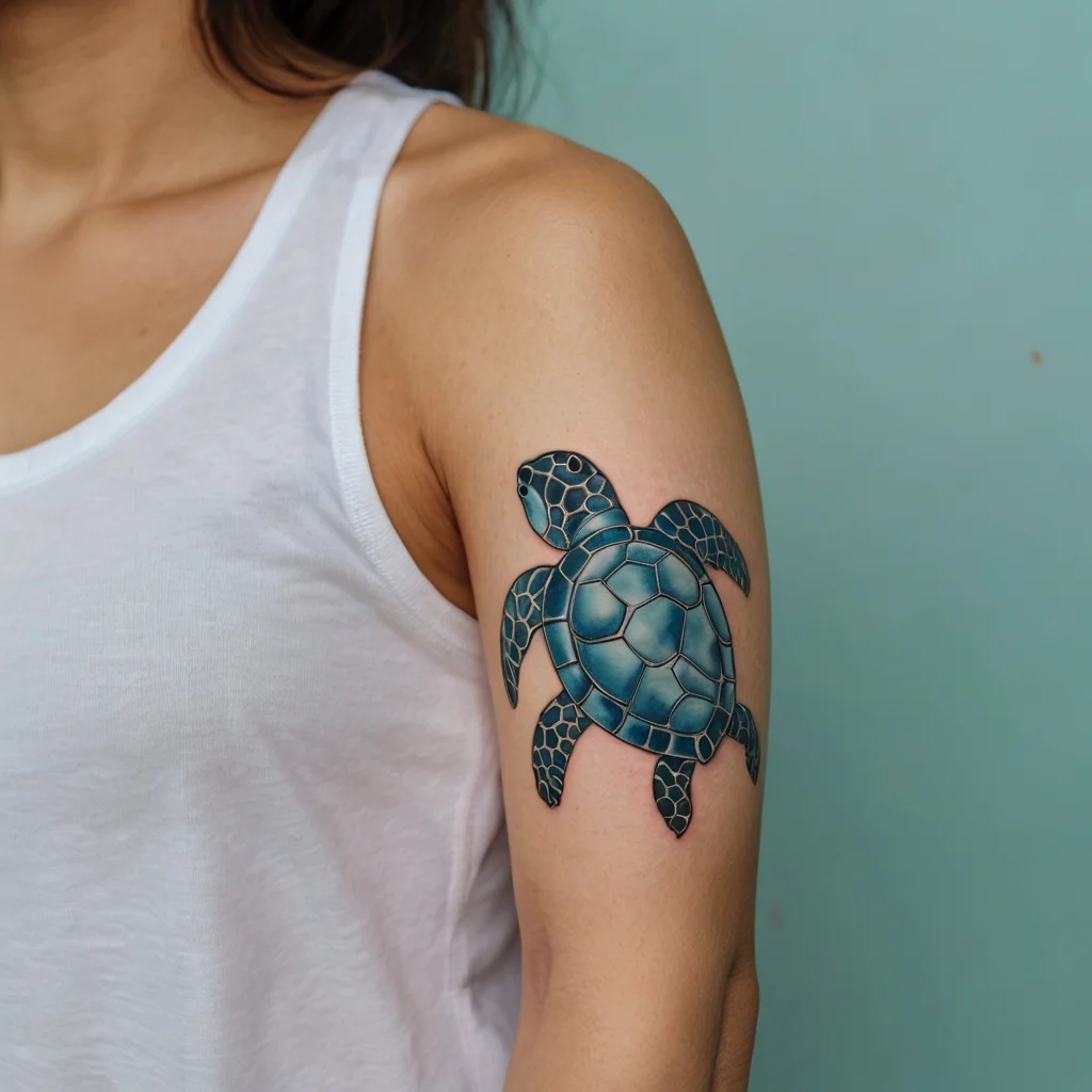 Realistic sea turtle tattoo with vibrant shades of blue and green on the upper arm, emphasizing detailed shell patterns.