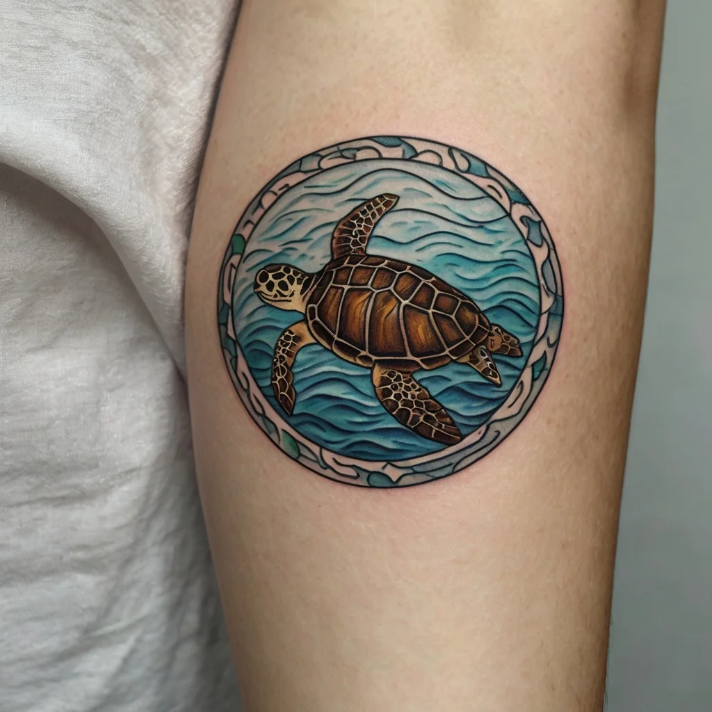 Tattoo of a sea turtle swimming in blue waves, enclosed in a circular frame, symbolizing protection and guidance.