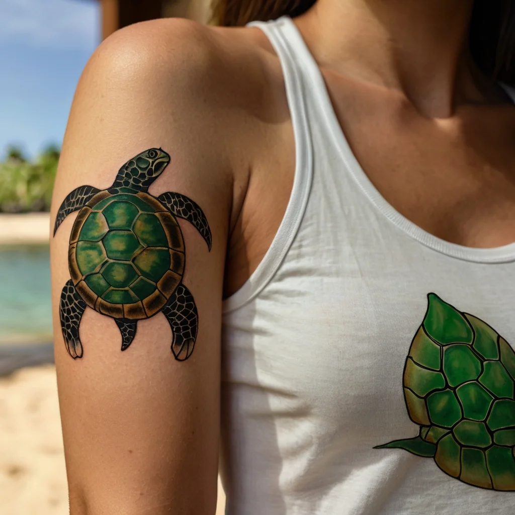 Realistic green sea turtle tattoo with detailed shell and flippers on upper arm, symbolizing longevity and guidance.