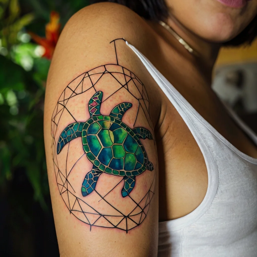 Turtle tattoo with a geometric shell design in green and blue hues, set within a diamond-shaped geometric frame.