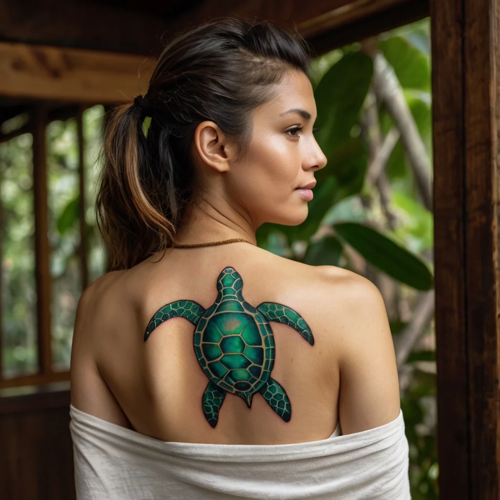 Tattoo of a vibrant green sea turtle on a woman's upper back, featuring intricate shell patterns and realistic shading.