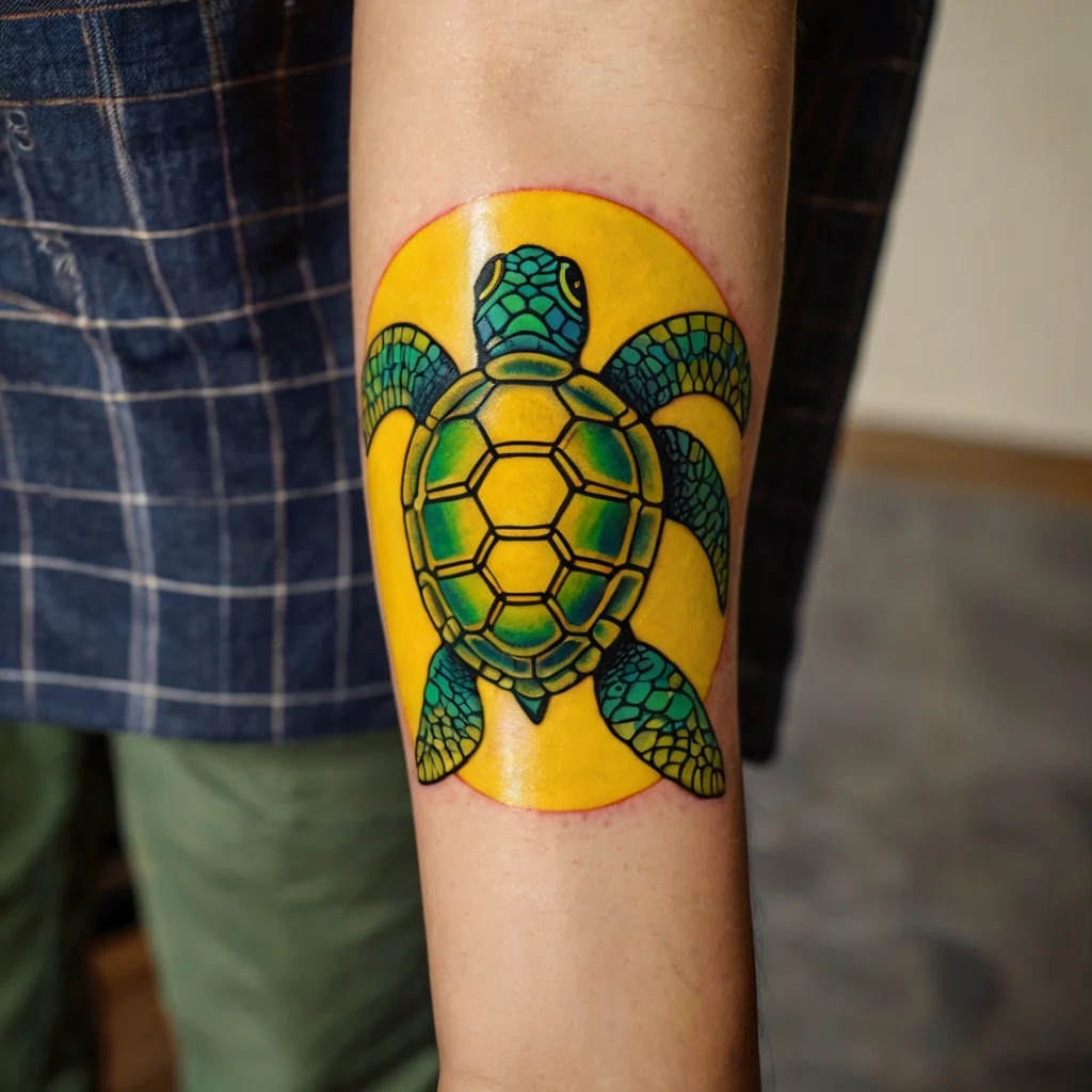 Tattoo of a detailed green sea turtle with geometric shell, encircled by a vibrant yellow background on the forearm.