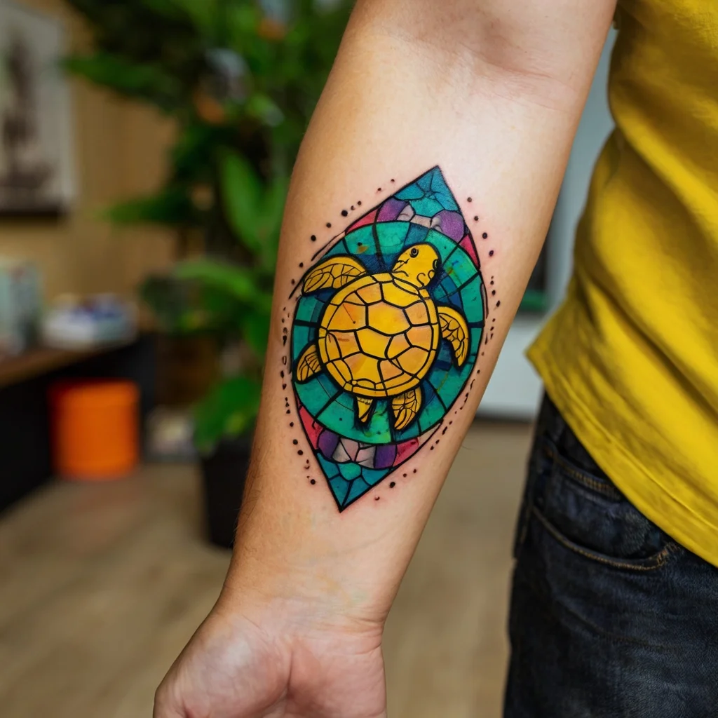 Colorful stained glass turtle tattoo framed by a geometric leaf shape, featuring vibrant blues, greens, and purples.