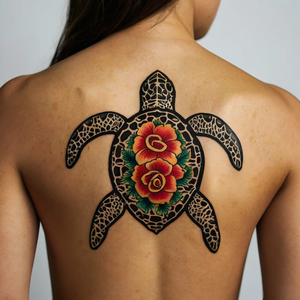 Turtle tattoo on back features two vibrant roses, surrounded by intricate shell-like patterns in bold black ink.