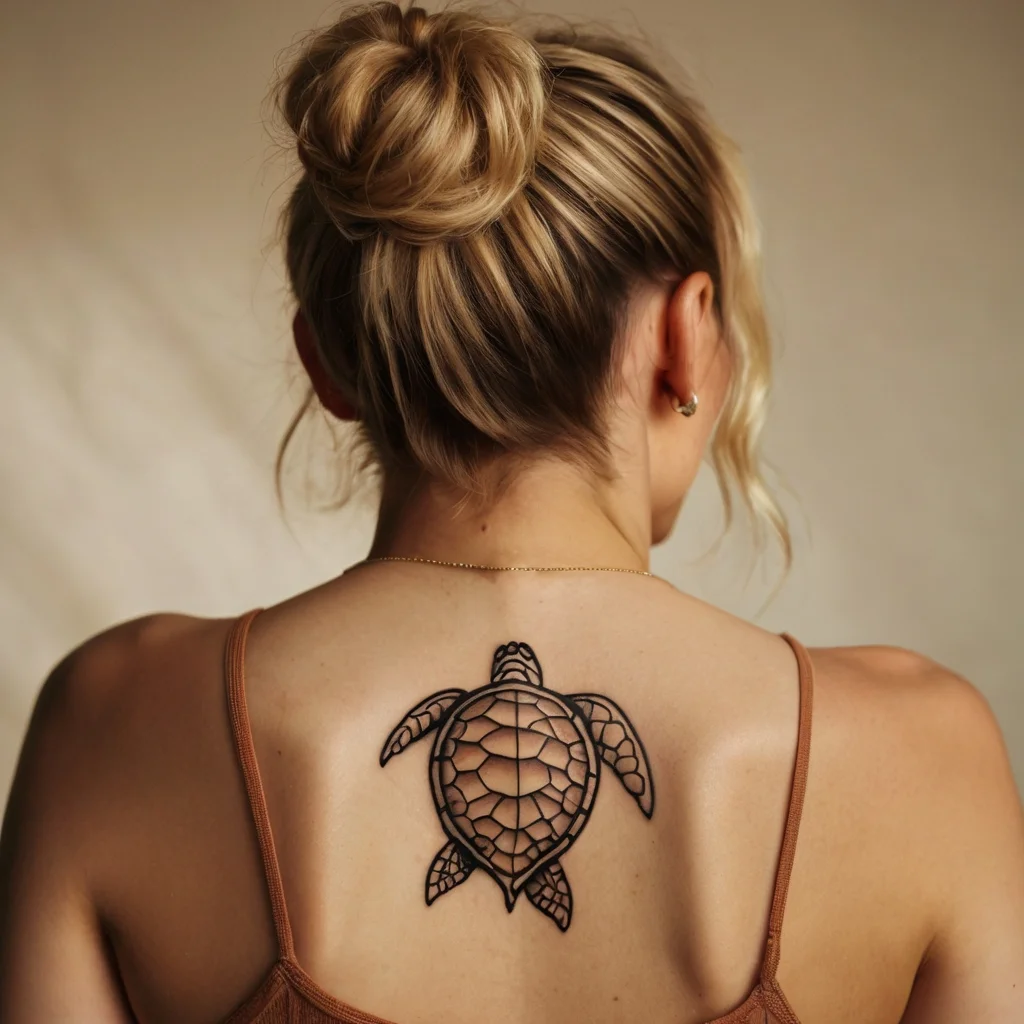 Line-art turtle tattoo on upper back, featuring geometric patterns within the shell, symbolizing longevity and exploration.