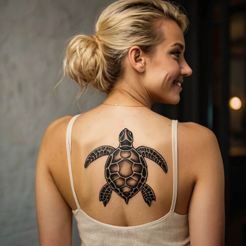 Black and gray sea turtle tattoo on the upper back, featuring detailed shell patterns and shading for a 3D effect.