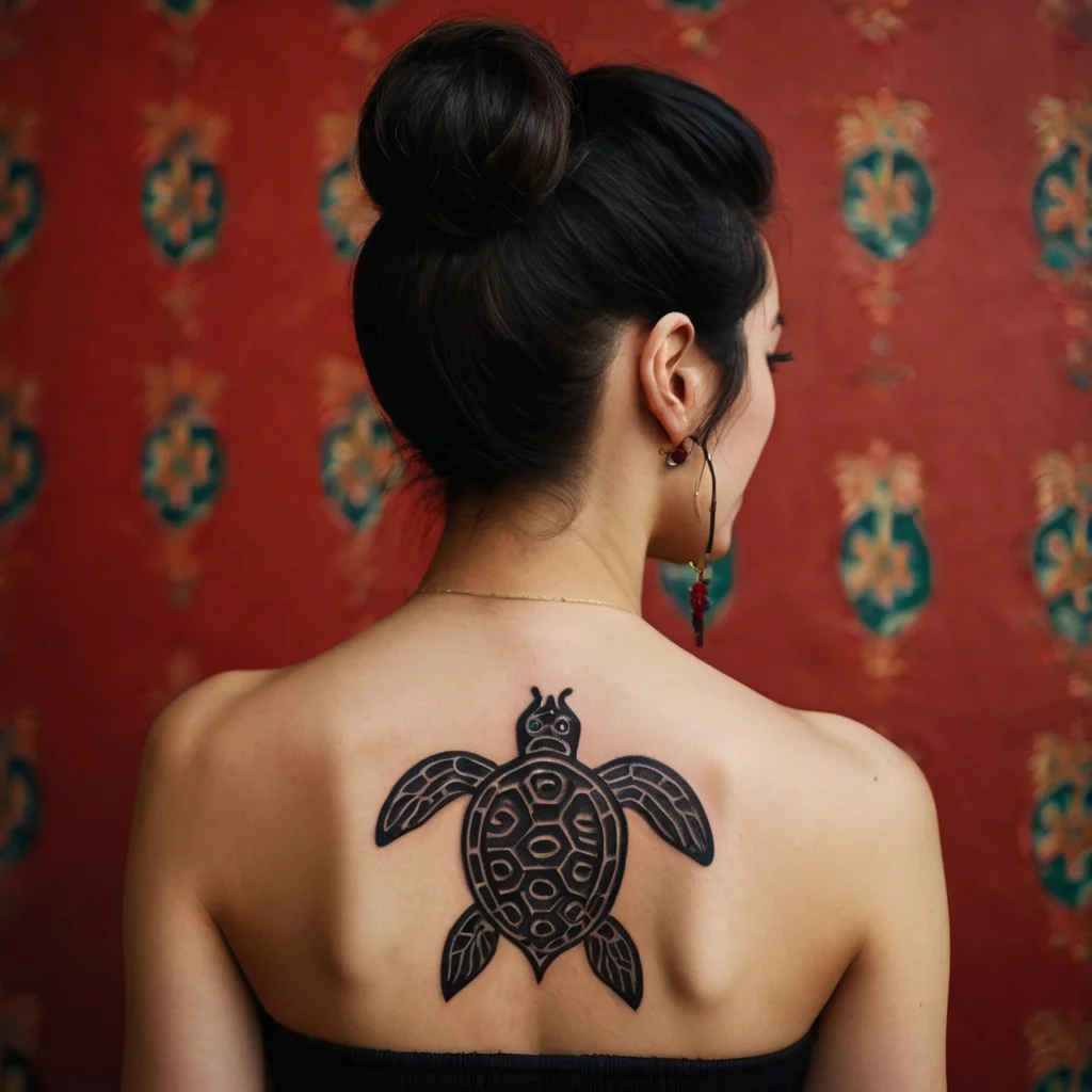 Tattoo of a stylized turtle inked on the upper back, featuring intricate geometric patterns inside the shell.