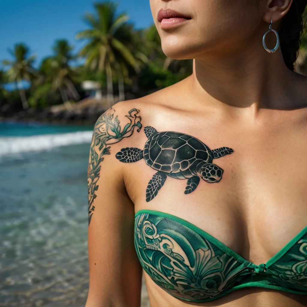 Sea turtle and seaweed tattoo on shoulder, with intricate design in black ink. Ocean theme, symbolizing longevity and grace.