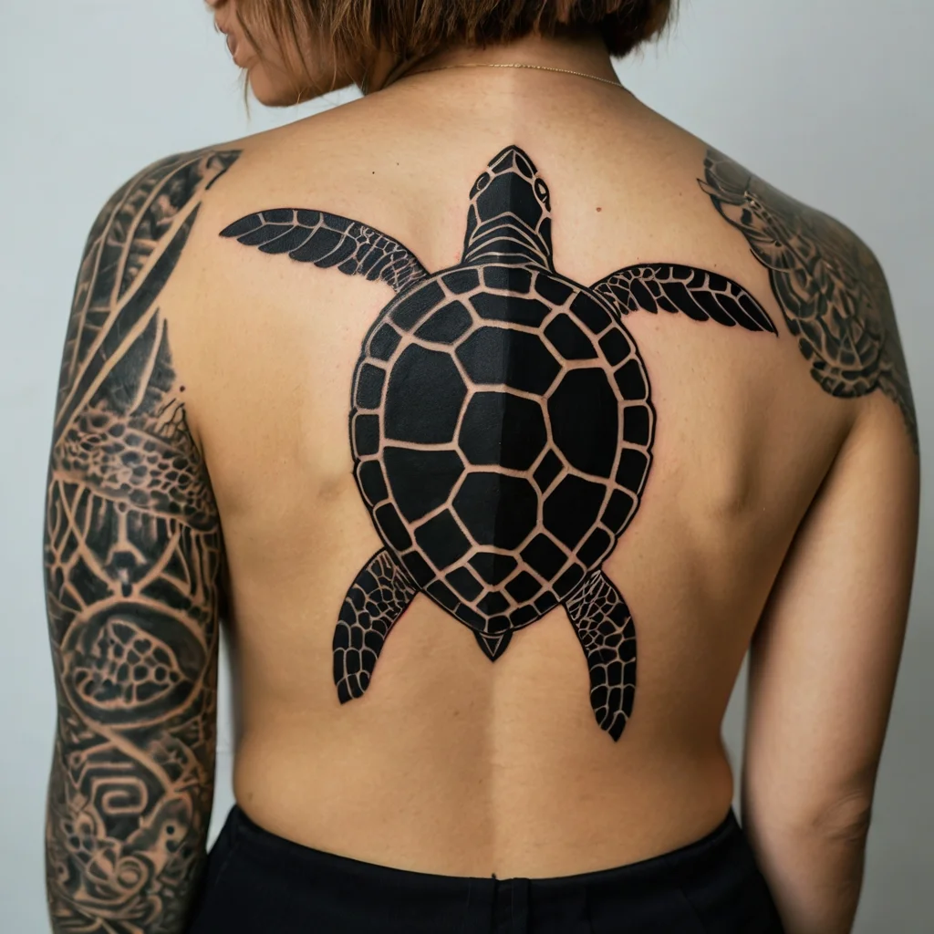 Bold black tribal-style sea turtle tattoo centered on the back, with intricate line details on the shell and fins.