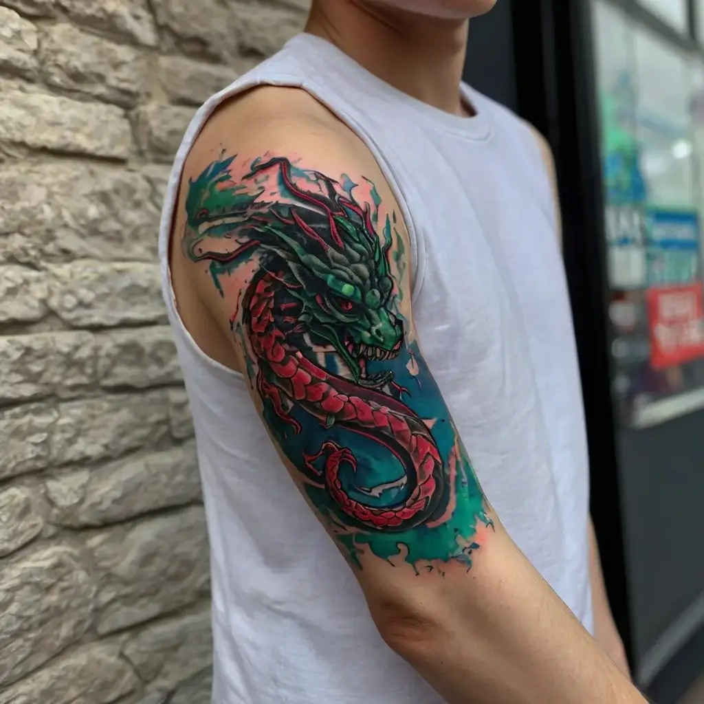 Vibrant tattoo of a fierce dragon in red and green hues, wrapping around the upper arm with dynamic, fiery accents.