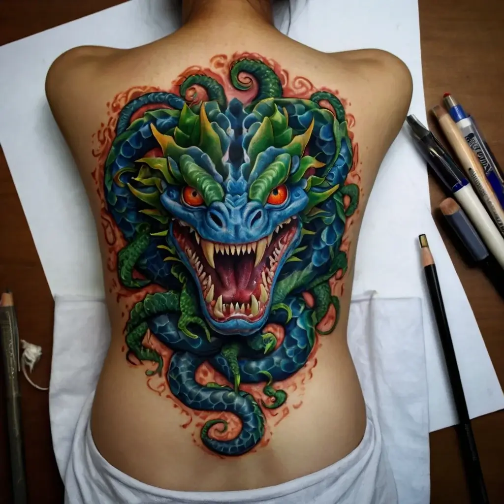 Vivid blue and green dragon tattoo with fierce, open mouth, covering the back, surrounded by fiery red-orange accents.