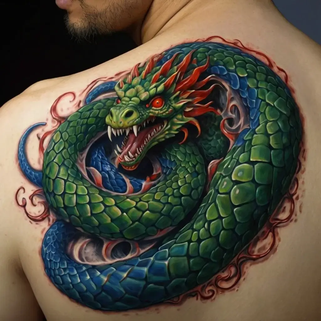 Detailed green dragon tattoo on shoulder with fierce red eyes, scales, and fiery accents, coiled in dynamic motion.