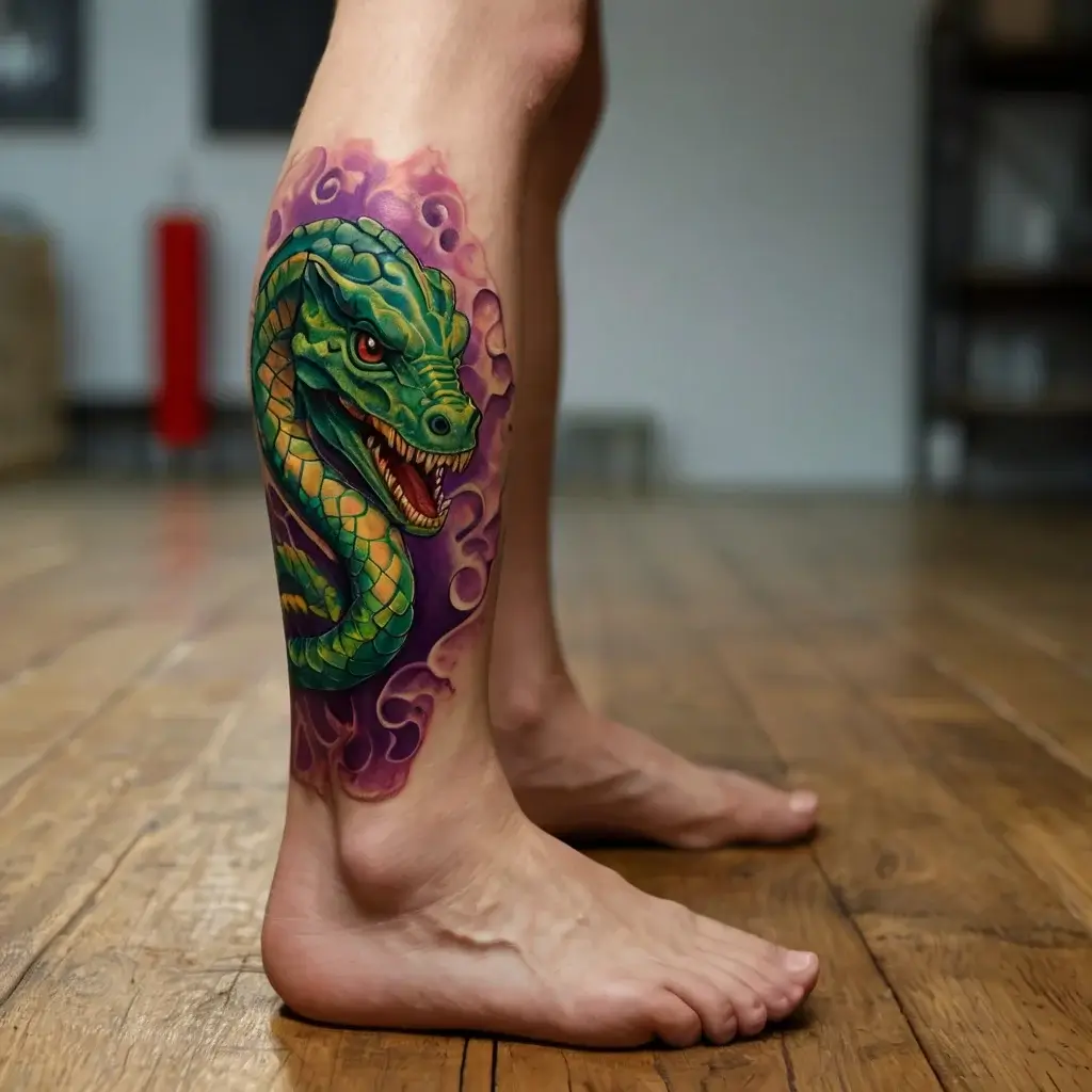 Vibrant green snake tattoo with fangs, coiled around leg, set against a purple smoky backdrop for contrast.