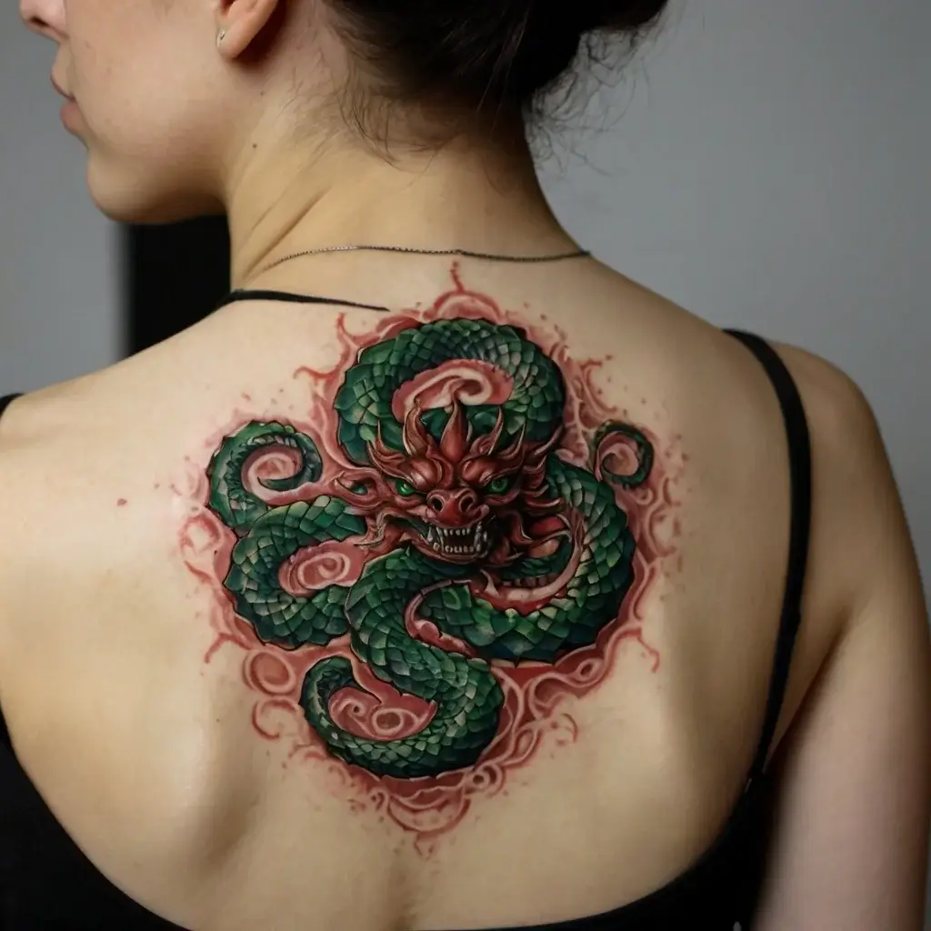 Tattoo of a vibrant green dragon with a detailed red face, coiled intricately on the upper back, surrounded by smoky wisps.