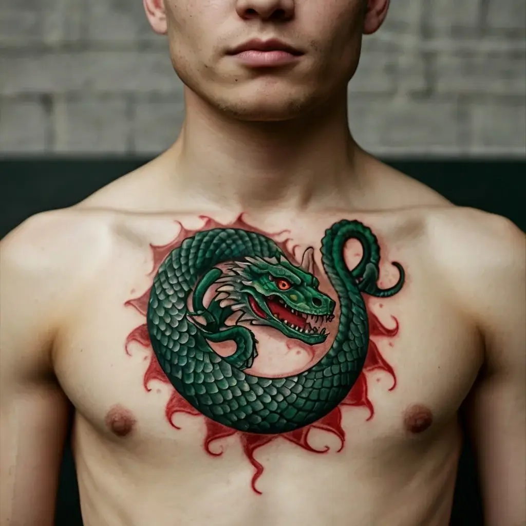 Green dragon tattoo curled on chest with red fiery accents, symbolizing power and protection.