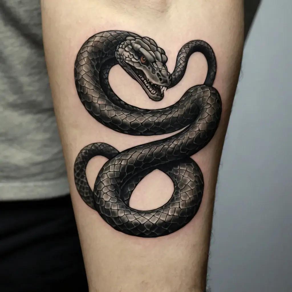 Black realistic snake tattoo, coiled with detailed scales and sharp fangs, inked on the upper arm.